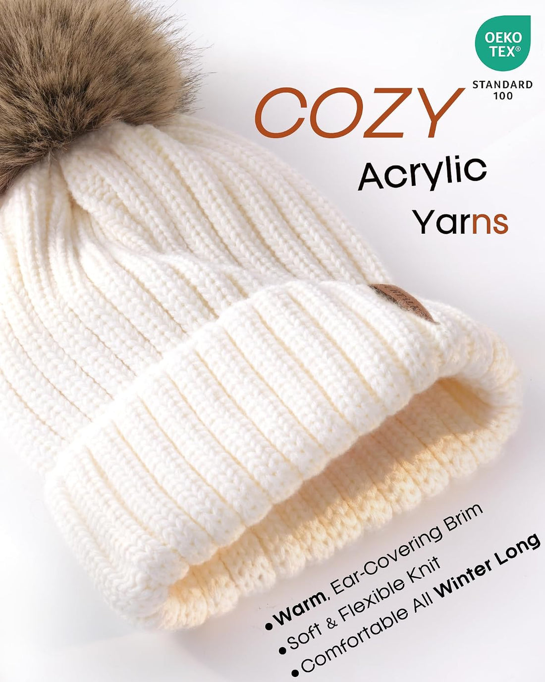 Womens Winter Knitted Beanie Hat with Faux Fur Pom Warm Knit Skull Cap Beanie for Women