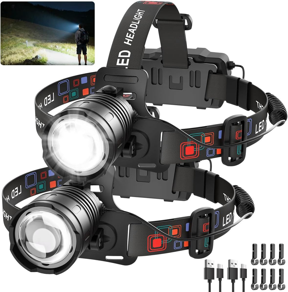 Rechargeable LED Headlamp High Lumen, 3000L Super Bright Head Lamp | 4 Models, Adjustable Focus, 90° Rotatable Head Lights for Forehead, Headlight Flashlight for Adults Hardhat Camping - 2 Pack