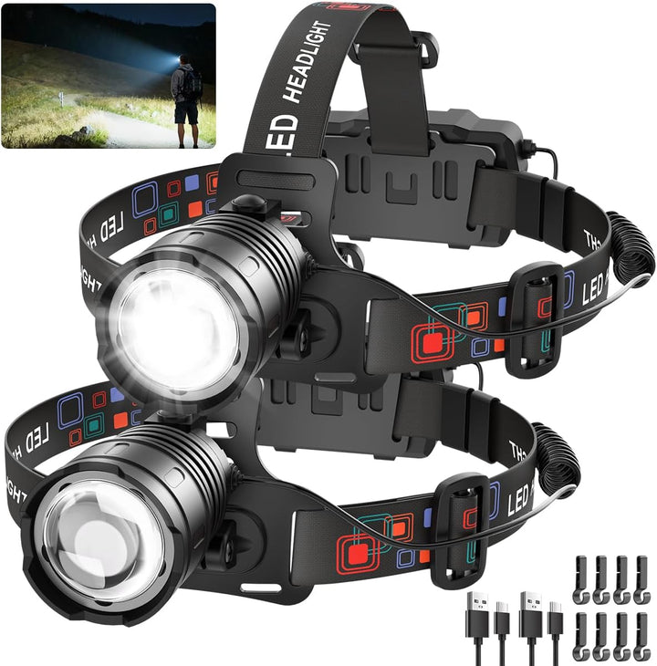Rechargeable LED Headlamp High Lumen, 3000L Super Bright Head Lamp | 4 Models, Adjustable Focus, 90° Rotatable Head Lights for Forehead, Headlight Flashlight for Adults Hardhat Camping - 2 Pack