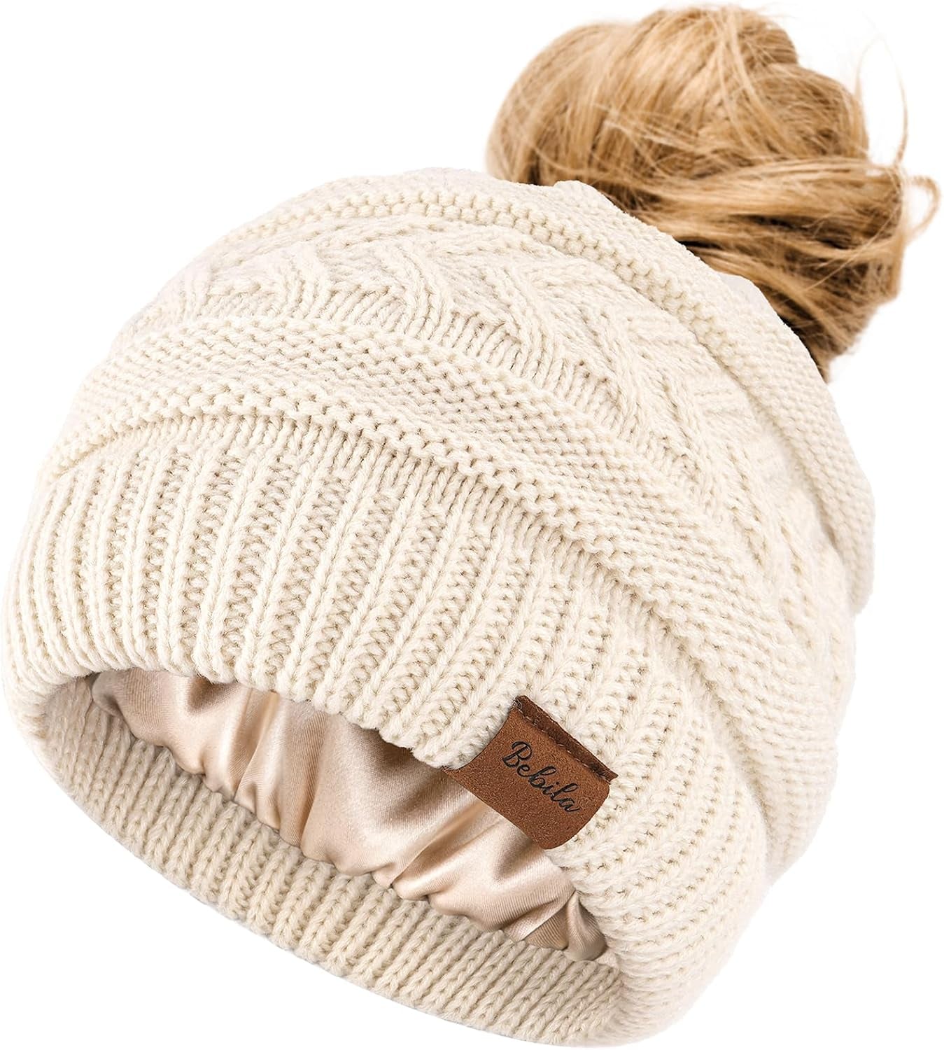Ponytail Beanies for Women, Smooth Satin Lined Winter Knit Hat | Silky Lining with Ponytail Hole, Anti-Static, Warm & Soft Hat for Messy Bun & Casual Running Gifts