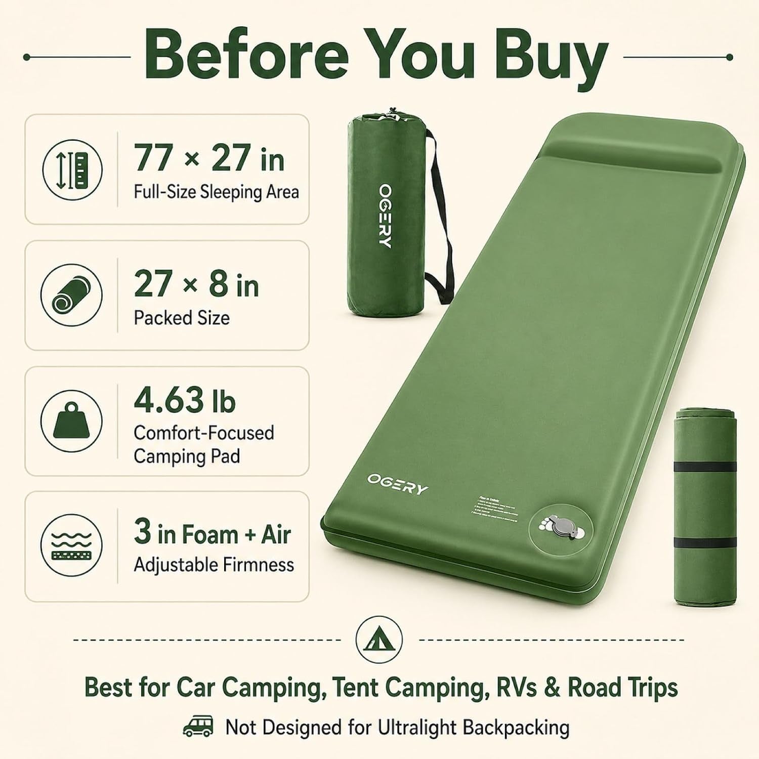 Self-Inflating Sleeping Pad, 3" Memory Foam Camping Mattress | Built-In Foot Pump, Insulated Foam, Memory Foam, Car Camping, Tent Camping, Backpacking, Compact Storage, 4-Season