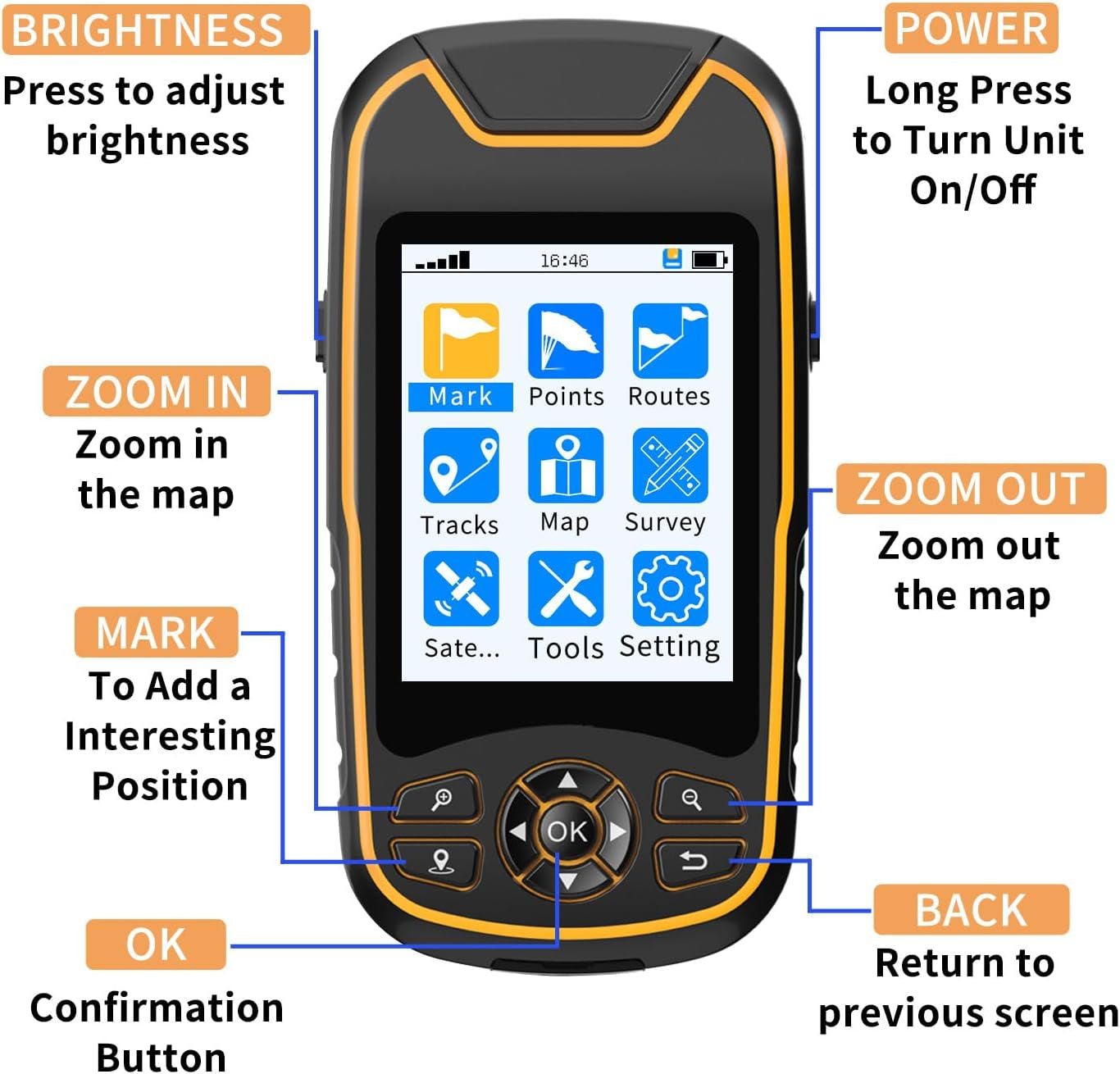 Handheld GPS for Hiking, Rugged and Waterproof Handheld GPS Navigator, 3.2" Sunlight Readable Screen, Compact Satellite Handheld GPS with USA Topo Map, Multi-Gnss Support, Extra Battery Life