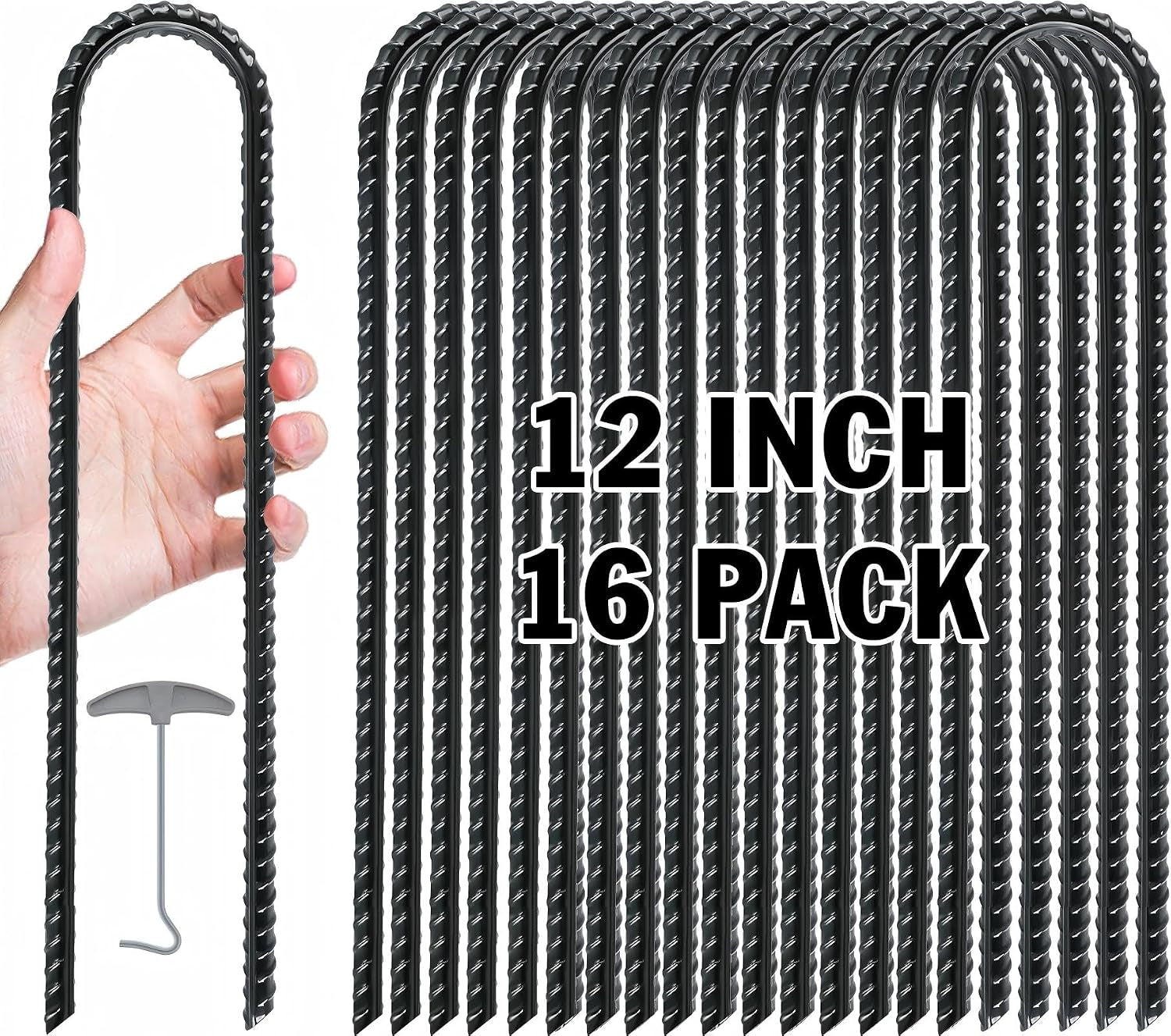 Trampoline Stakes, Trampoline Accessories, Ground Stakes Heavy Duty, Ground Anchors Screw In, Rebar Stakes, High Wind Tent Anchors, Galvanized Steel, U Shaped, Black