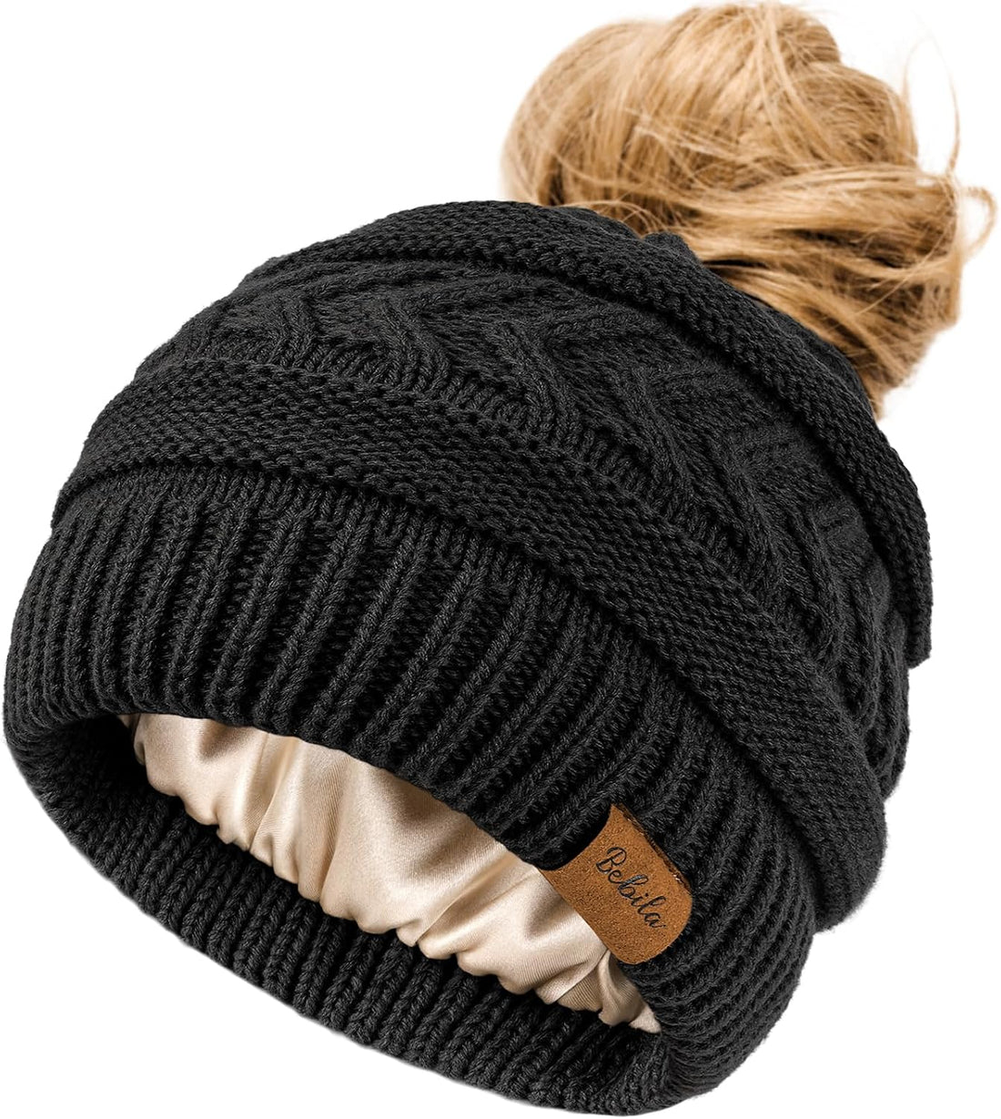 Ponytail Beanies for Women, Smooth Satin Lined Winter Knit Hat | Silky Lining with Ponytail Hole, Anti-Static, Warm & Soft Hat for Messy Bun & Casual Running Gifts