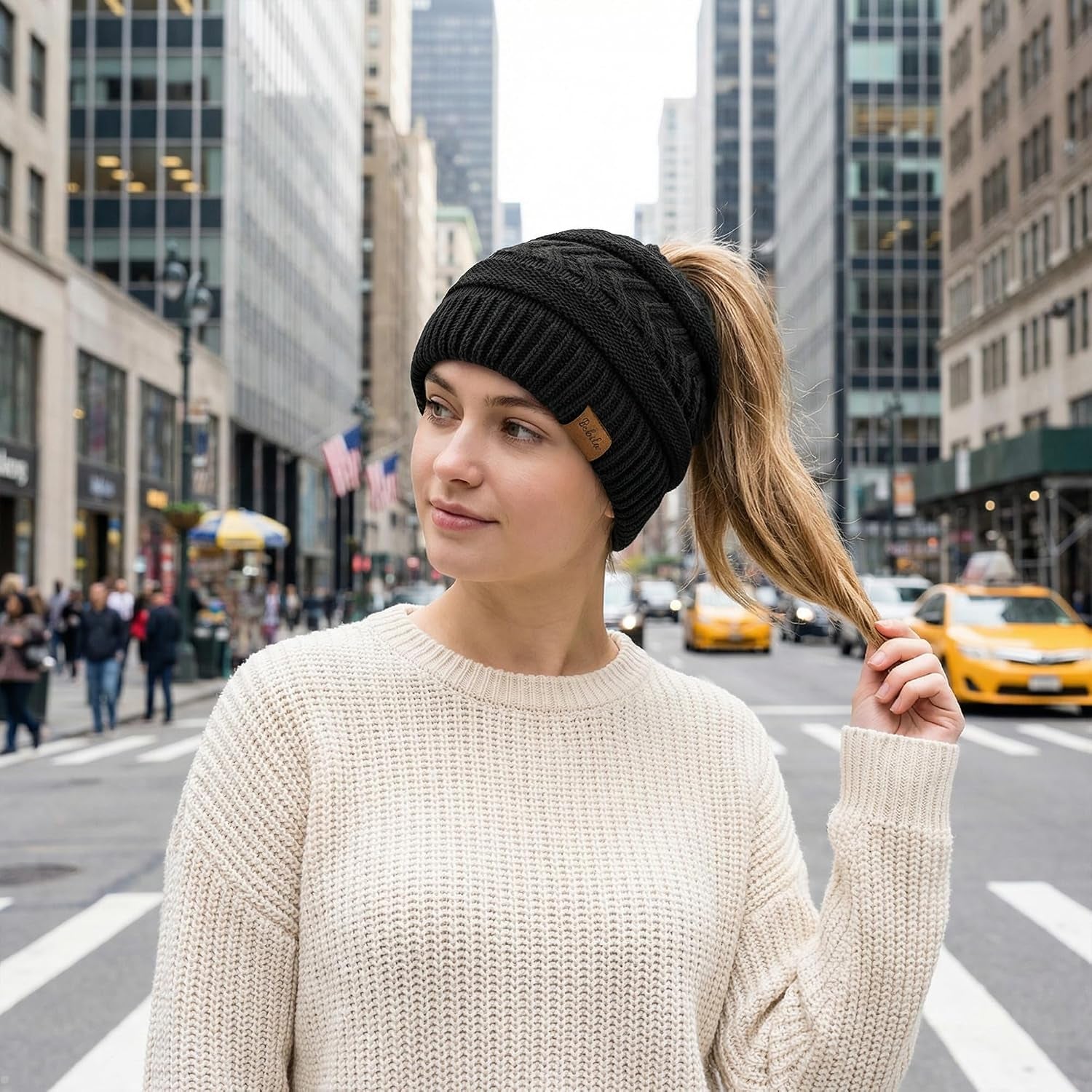 Ponytail Beanies for Women, Smooth Satin Lined Winter Knit Hat | Silky Lining with Ponytail Hole, Anti-Static, Warm & Soft Hat for Messy Bun & Casual Running Gifts