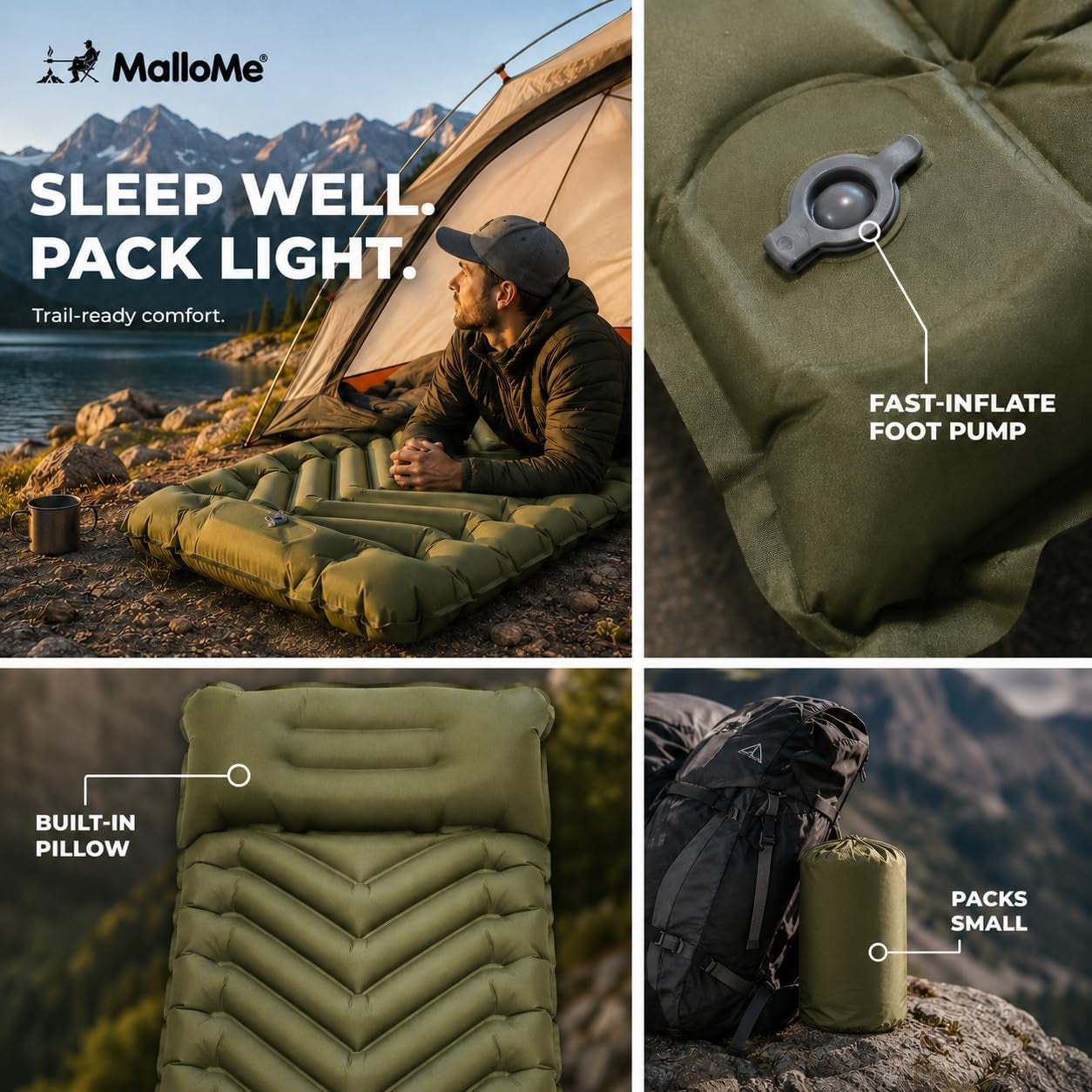Sleeping Pad for Camping, Camping Mattress - Bed for Outdoors Built-In Foot Pump Air Mattress for Backpacking Leak-Resistant Inflatable Travel Mat Compact Ultralight Single & Double