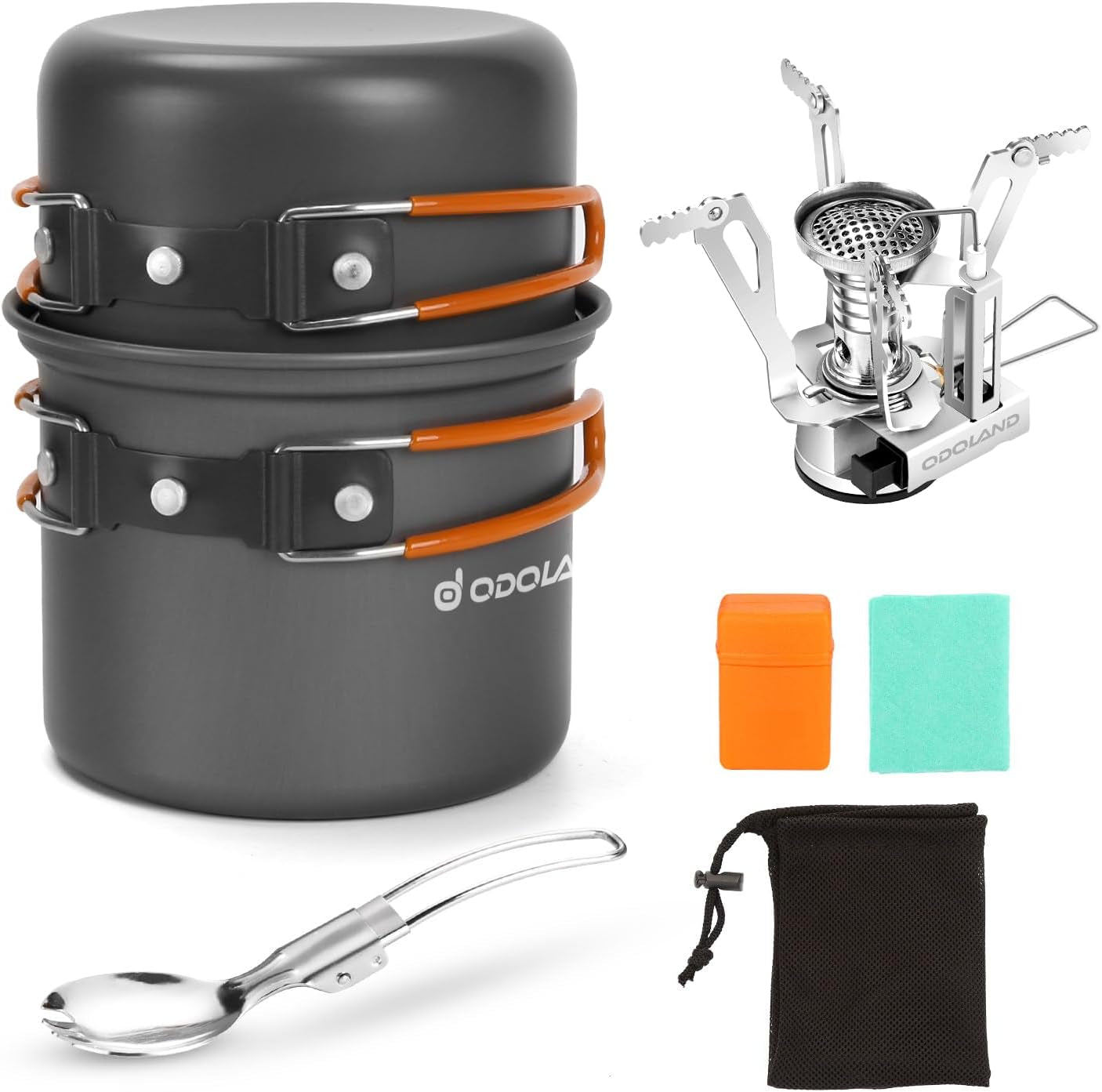 Camping Cookware Mess Kit, Lightweight Pot Stove Spork Set | Protable 6Pcs Backpacking Gear with Carry Mesh Bag for Outdoor Camping Cooking Hiking and Picnic