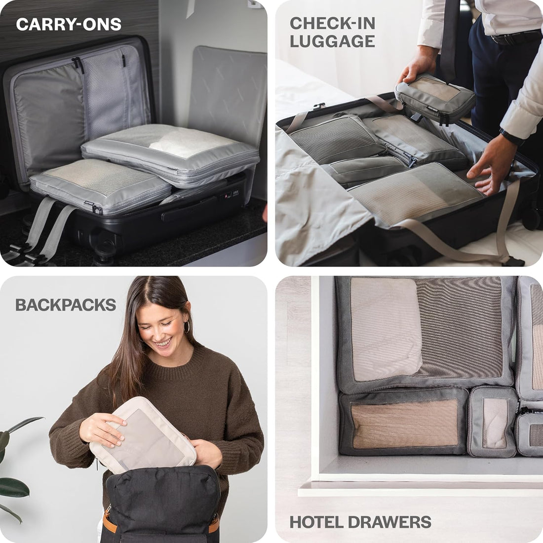 Compression Packing Cubes for Travel, 6-Pack, Beige | Solves Overpacking, 6-Piece Set Fits Most Suitcases, 50% Space Savings, Compression Luggage Organizer Bags