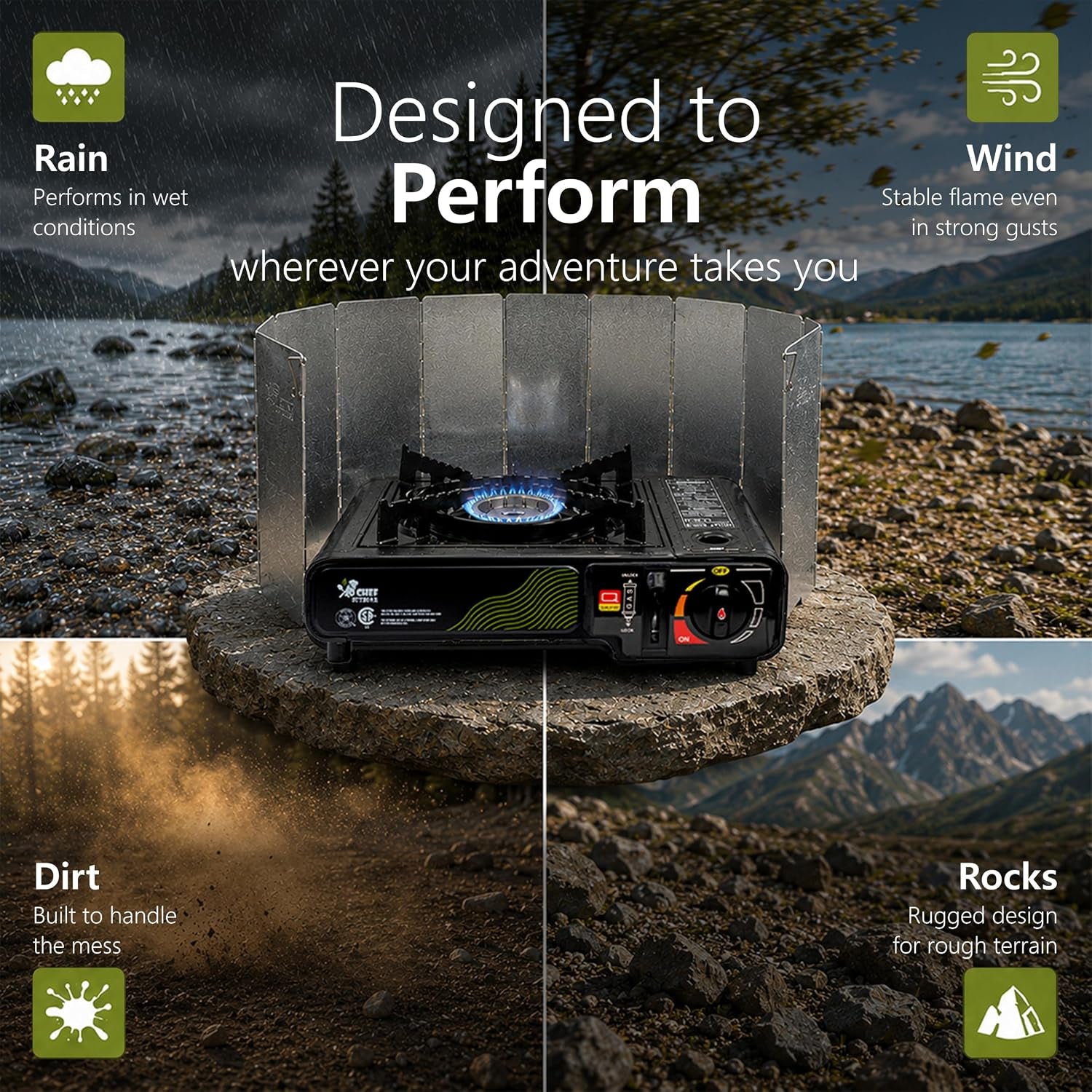 Jochef Portable Butane Camping Stove – 3-Year Warranty, Windshield & Case | Powerful Brass Burner | CSA Certified | Auto Ignition | Single Burner | Camping, Tailgating, Road Trips & Emergencies