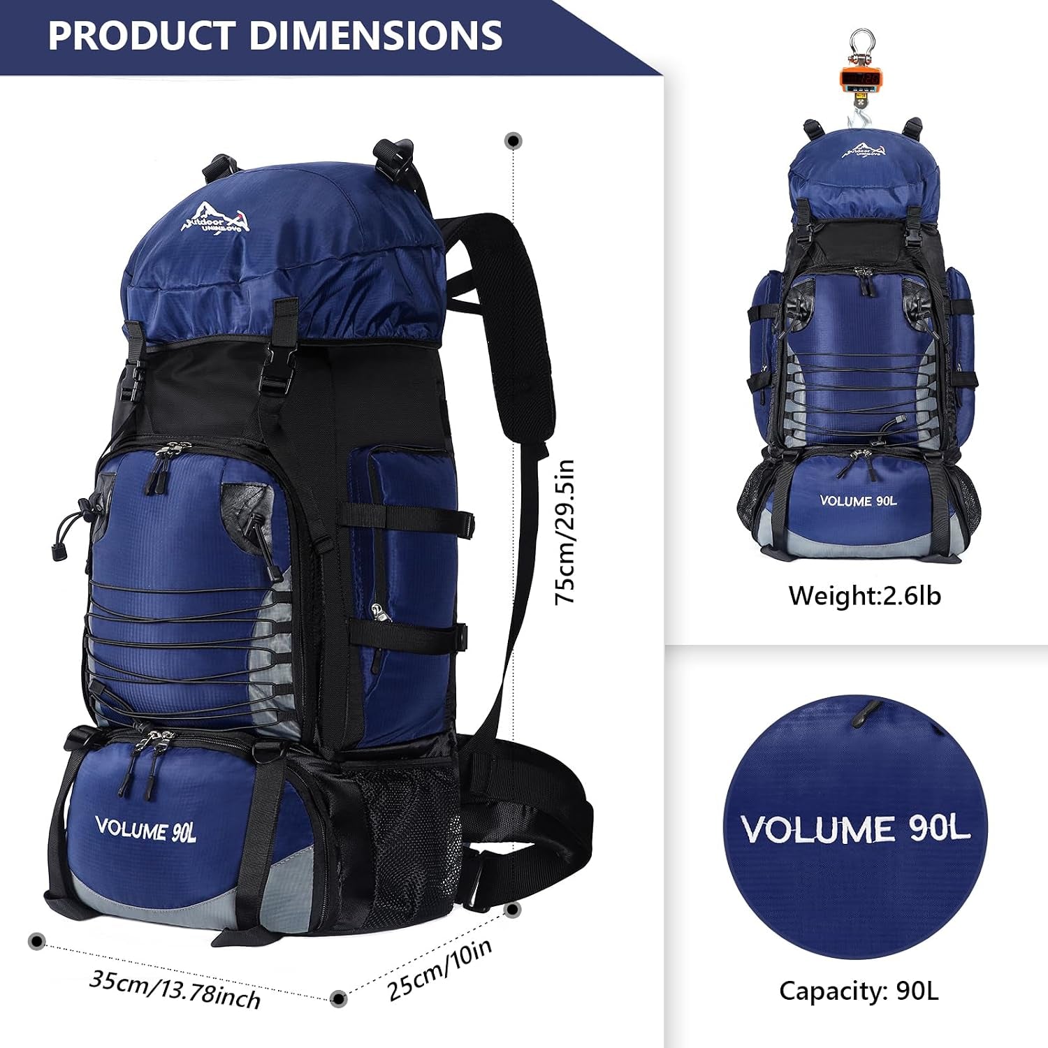 90L Hiking Backpack, Waterproof Camping Bag with Rain Cover, Lightweight Backpacking Back Pack