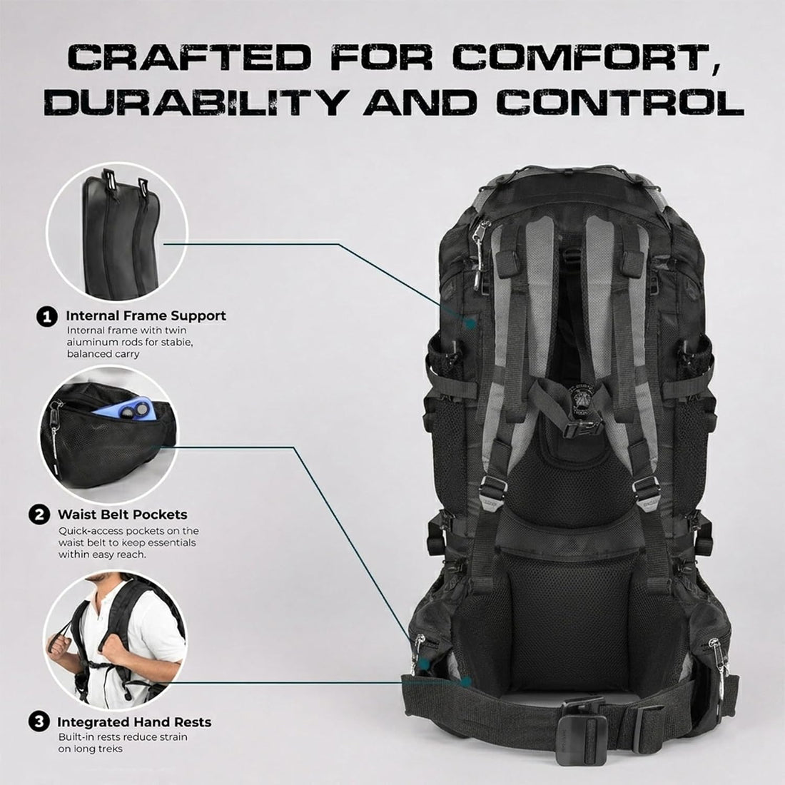 Expedition 58L Internal Frame Hiking Backpack for Men and Women – Lightweight Waterproof Trekking & Camping Backpack with Rain Cover – Adjustable Back Length, Hydration Bladder Compatible