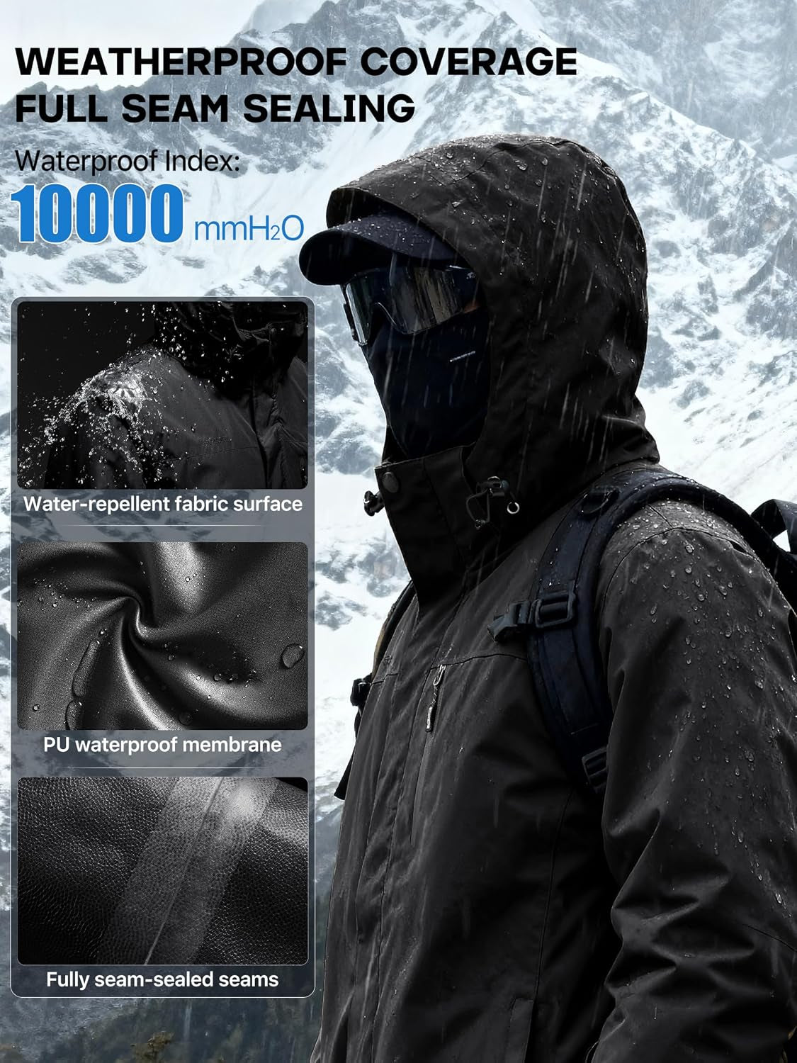 Men'S Waterproof Ski Snow Jacket Fleece Lined Warm Winter Rain Jacket with Hood Fully Taped Seams