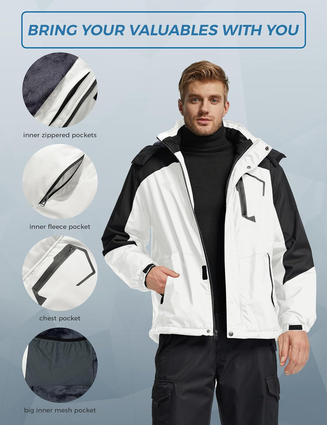 Men'S Softshell Waterproof Polar Fleece Breathable Climbing Ski Coat | Drawcord Adjustable Storm Hood & Detachable Hood for Lightweight Daily Wear