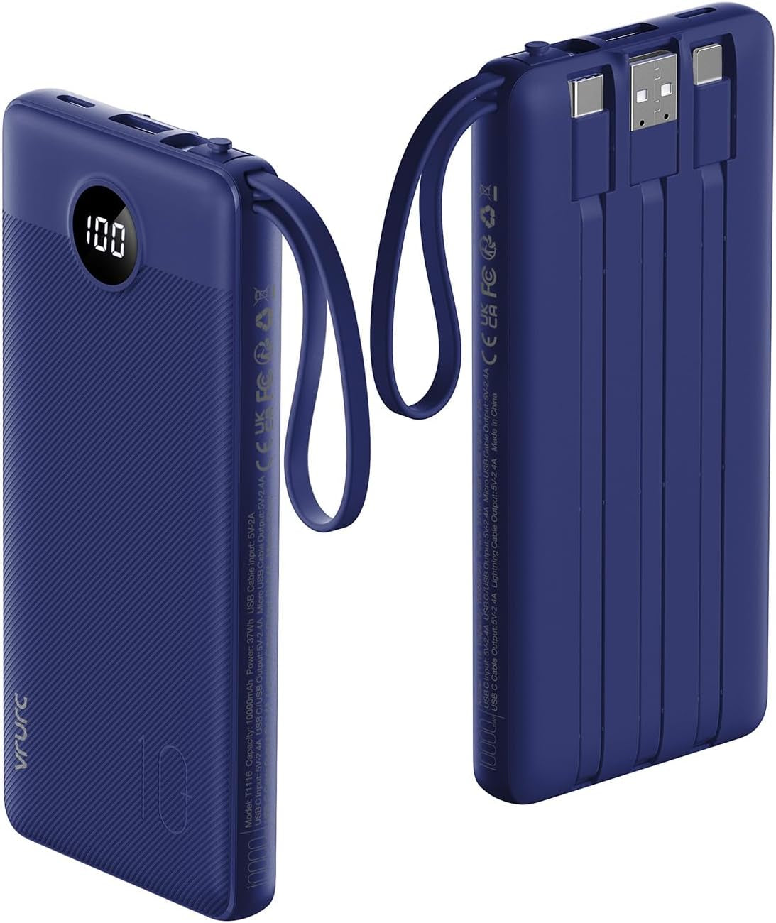 Portable Charger, Built in 4 Cables & Lanyard Power Bank 10000Mah | Compact USB C Phone Charging Bank 5 Outputs for Multi Devices,Travel Essential for Hiking Camping Business-Navy(1 Pack)