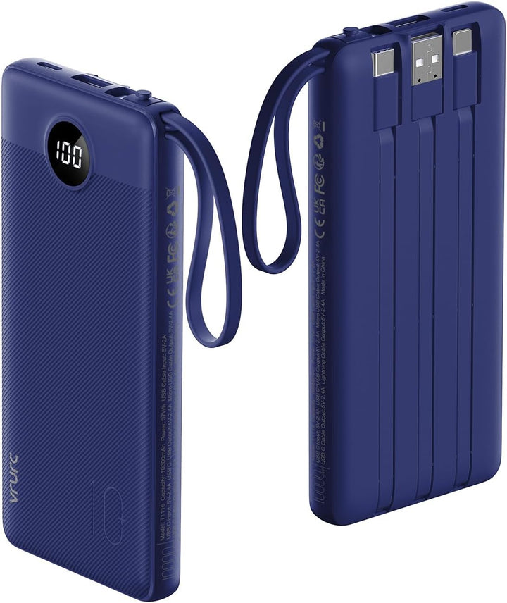 Portable Charger, Built in 4 Cables & Lanyard Power Bank 10000Mah | Compact USB C Phone Charging Bank 5 Outputs for Multi Devices,Travel Essential for Hiking Camping Business-Navy(1 Pack)