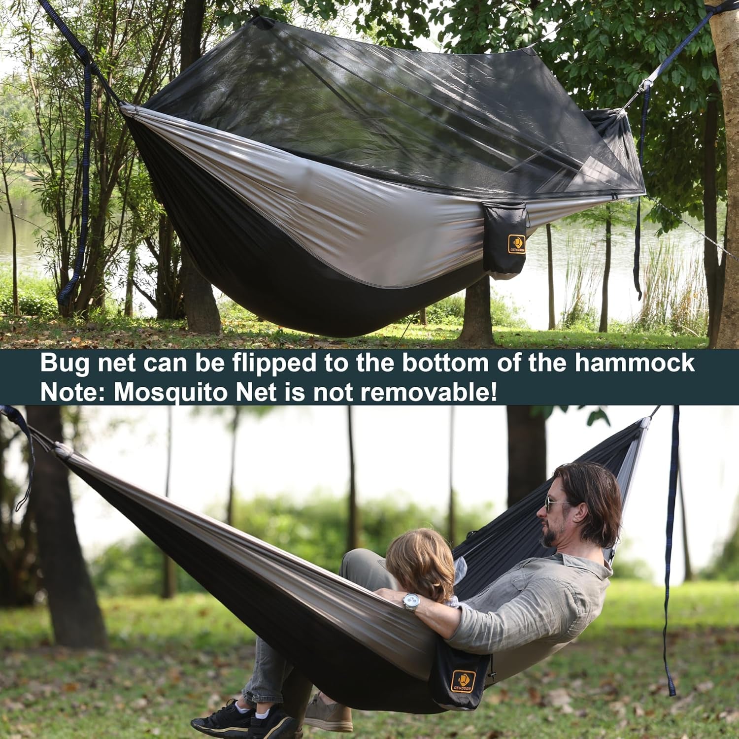 Camping Hammock with Net,Portable Lightweight Double Hammocks with Tree Straps and Solid D-Shape Hanging Hooks,Parachute Nylon Hammock for Backpacking Beach Backyard Patio Hiking