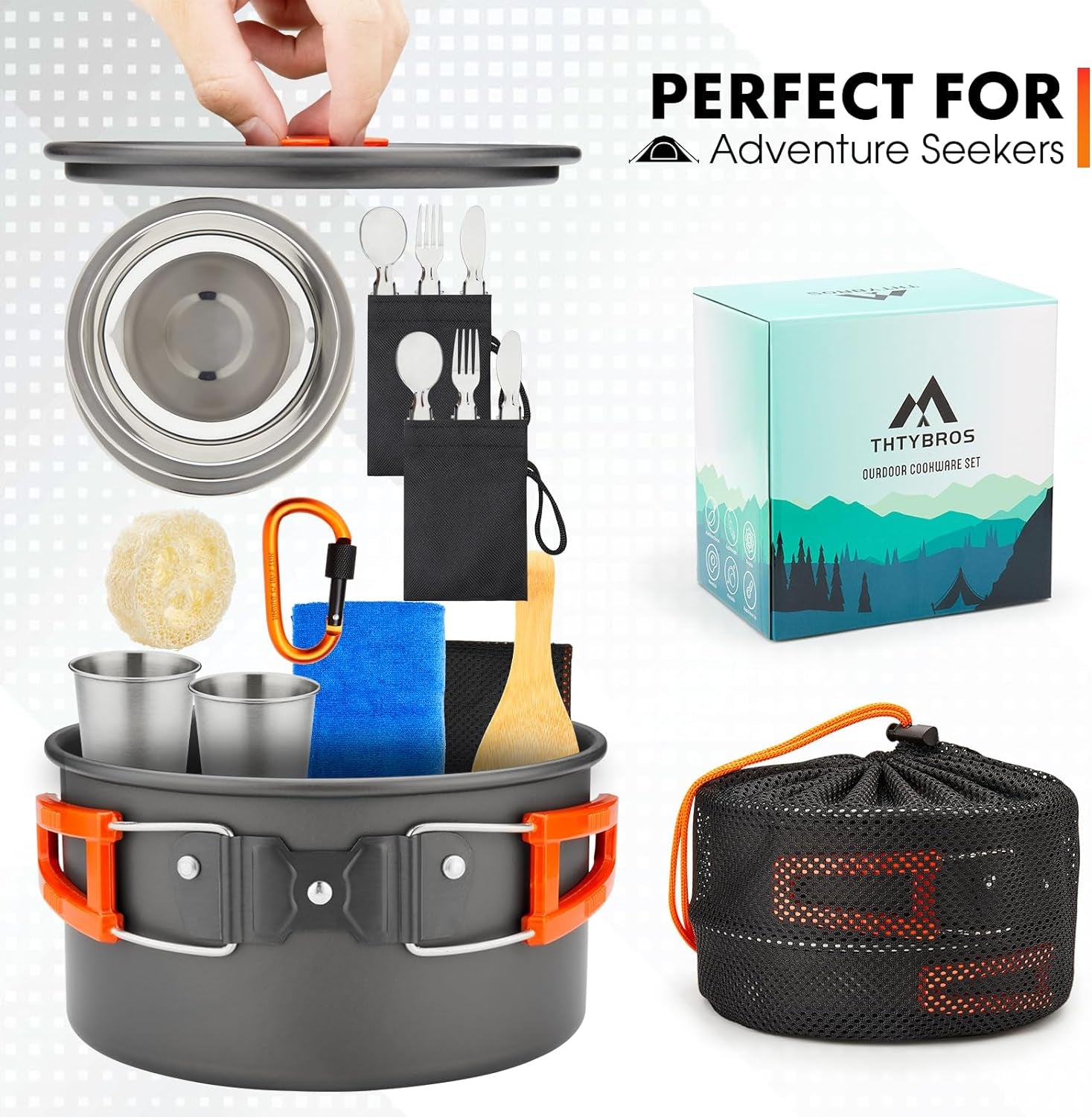 17Pcs Camping Cookware Mess Kit,For Camping,Backpacking,Picnic | 0.45Gal Pot,7Inches Pan,0.30Gal Kettle Set with 2 Set Stainless Steel Cups Plates Forks Knives Spoons,Pots, Pans & Griddles