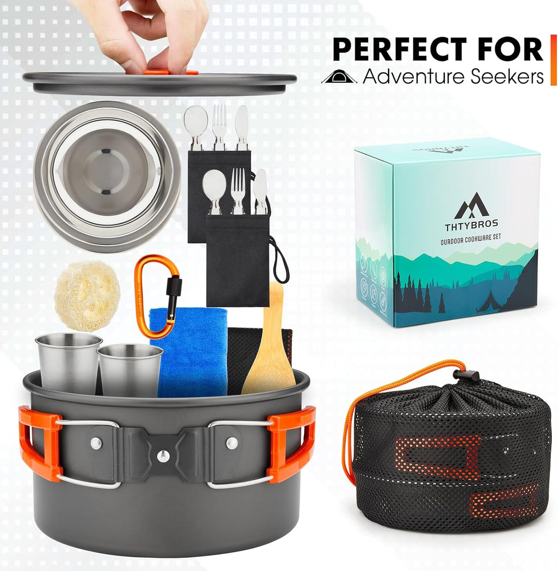 17Pcs Camping Cookware Mess Kit,For Camping,Backpacking,Picnic | 0.45Gal Pot,7Inches Pan,0.30Gal Kettle Set with 2 Set Stainless Steel Cups Plates Forks Knives Spoons,Pots, Pans & Griddles