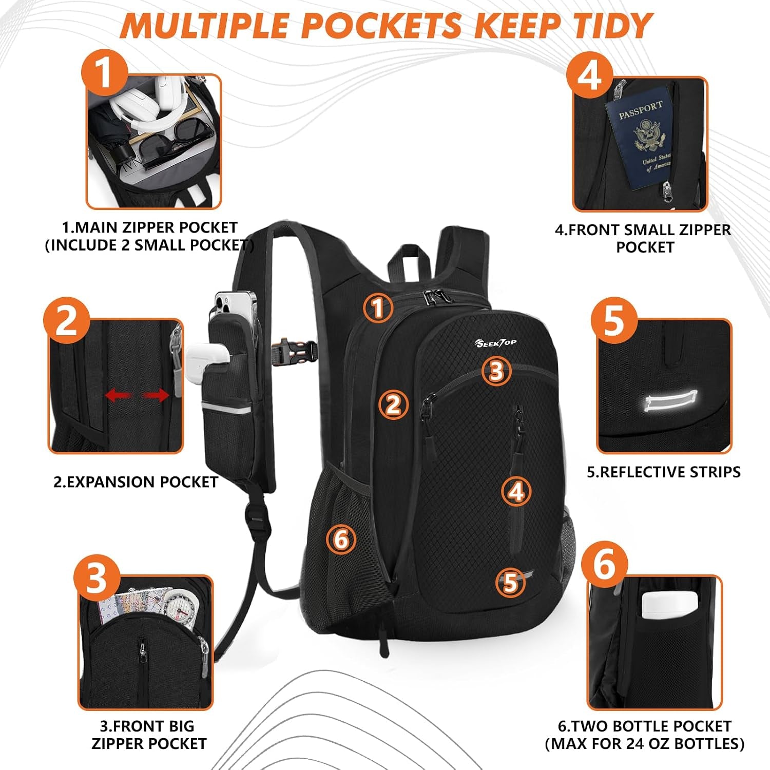 Small Hiking Backpack Expandable 12L-16L | Lightweight Packable Waterproof Daypack with Phone Pocket, Women Men, Foldable Waterproof Day Pack, Multiple Pockets, Travel