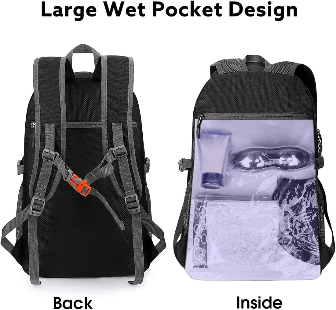 40L Lightweight Packable Hiking Backpack, Waterproof Travel Daypack | Water-Resistant Nylon, Size: 18.9*12.9*9.4 in (L*W*H), 100% Waterproof Wet Pocket, Travel, Climbing, Swimming (Black)