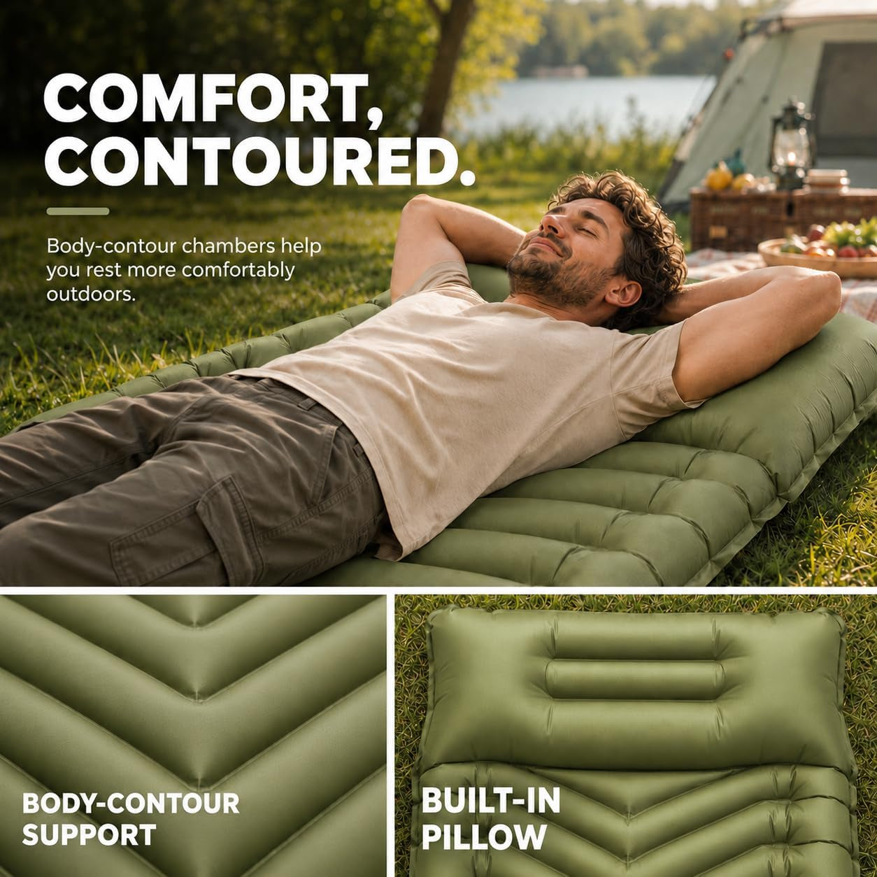 Sleeping Pad for Camping, Camping Mattress - Bed for Outdoors Built-In Foot Pump Air Mattress for Backpacking Leak-Resistant Inflatable Travel Mat Compact Ultralight Single & Double