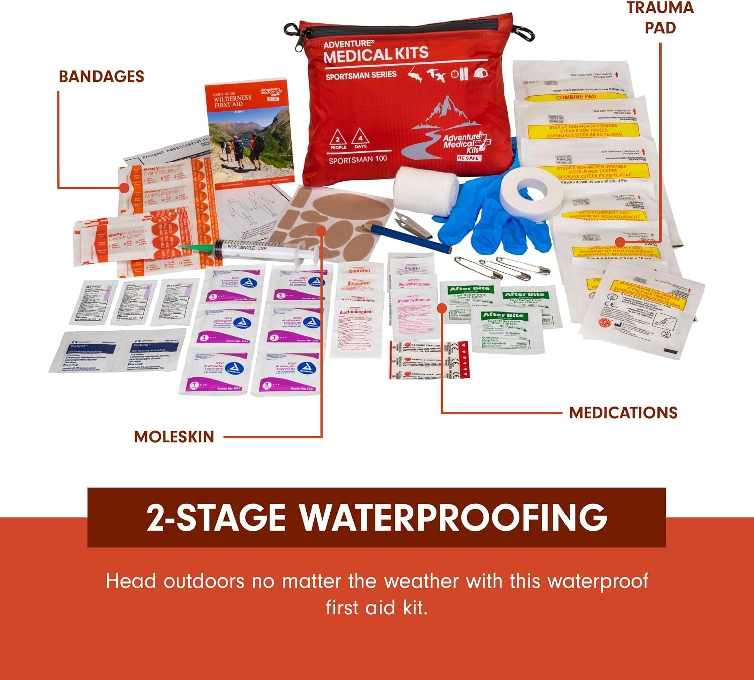 Sportsman Series 100 First Aid Kit, 2 Person | Compact Trauma-Ready Kit Includes Hospital-Quality Bandages, Medications & a Wilderness First Aid Guide Book