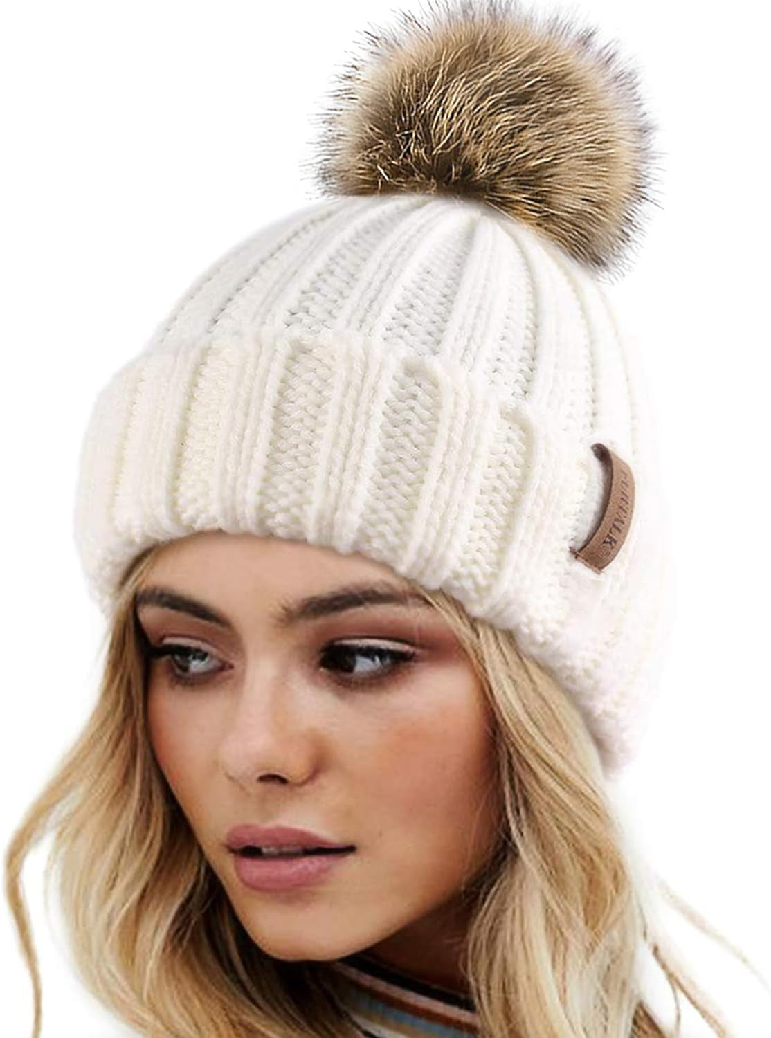 Womens Winter Knitted Beanie Hat with Faux Fur Pom Warm Knit Skull Cap Beanie for Women