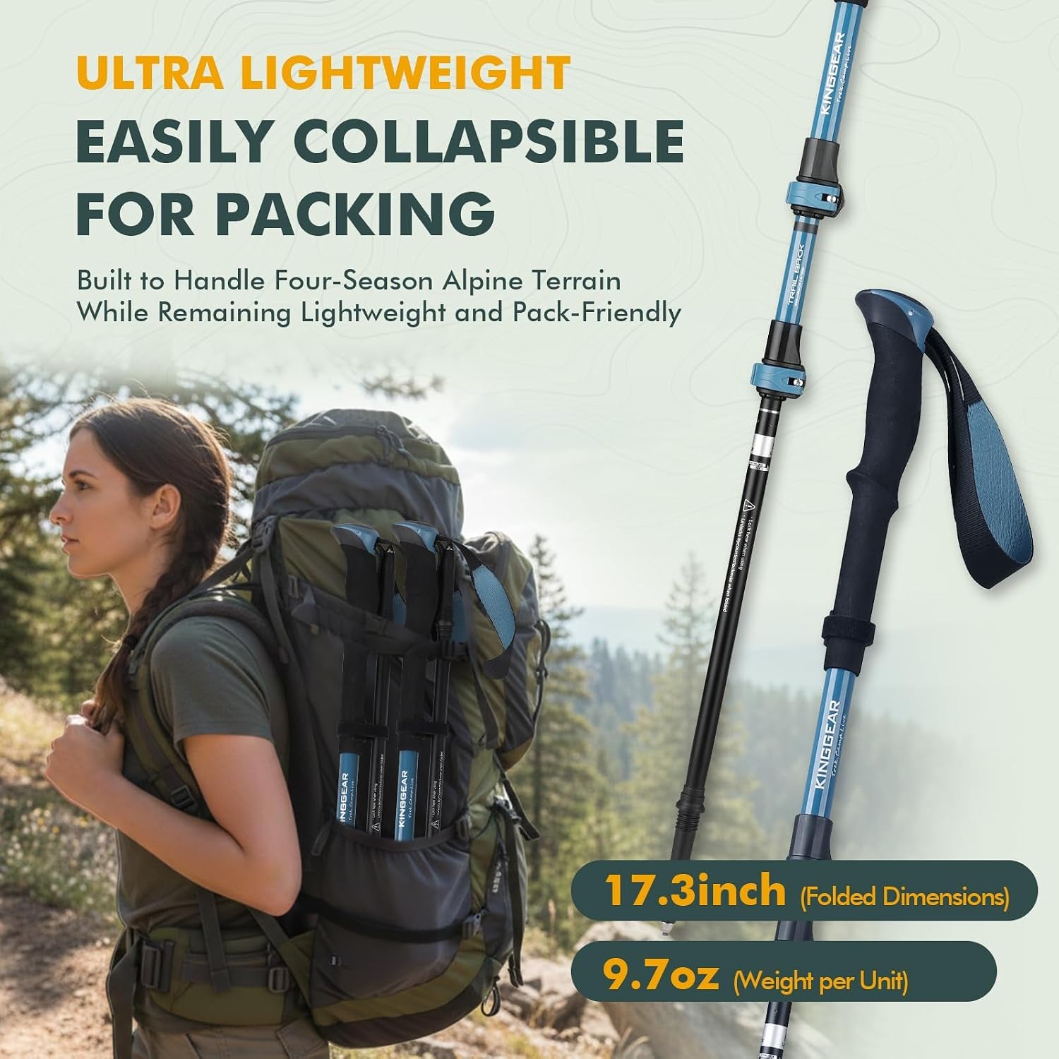 Hiking Poles 9.7Oz 7075 Aluminum Adjustable 2-Pack | Folds 17.3", Adj 31-51", EVA Grip, Flip Lock, Decompression Strap, Lightweight, for Hiking Travel Men Women