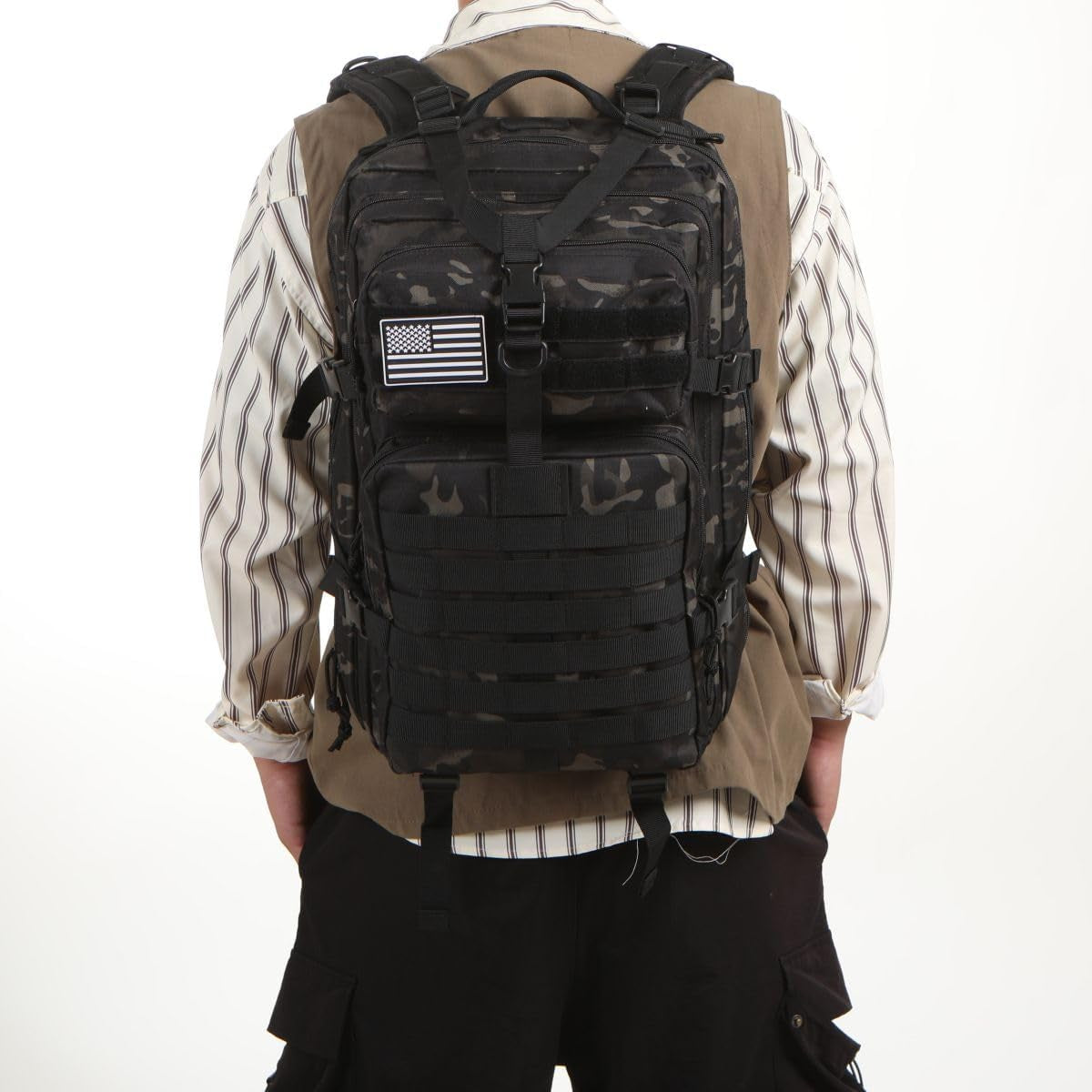 50L Sturdy Nylon Waterproof Fishing Hunting Backpack Outdoor Military Rucksacks Tactical Sports Camping Hiking (Camo Black)