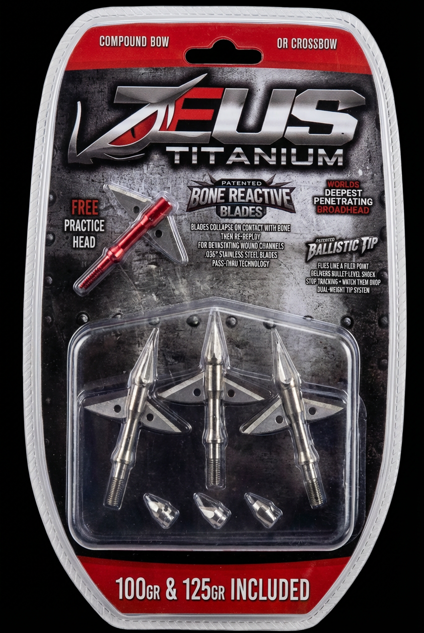 ZEUS TITANIUM  BROADHEADS (3 PACK) PLUS PRACTICE HEAD-COMES WITH BOTH 100/125 GR TIPS