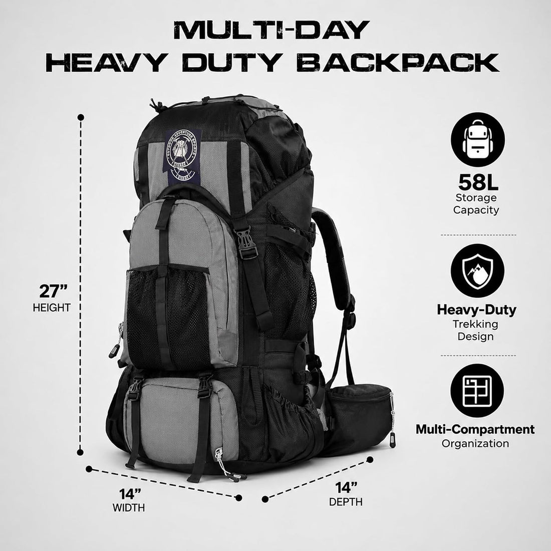 Expedition 58L Internal Frame Hiking Backpack for Men and Women – Lightweight Waterproof Trekking & Camping Backpack with Rain Cover – Adjustable Back Length, Hydration Bladder Compatible