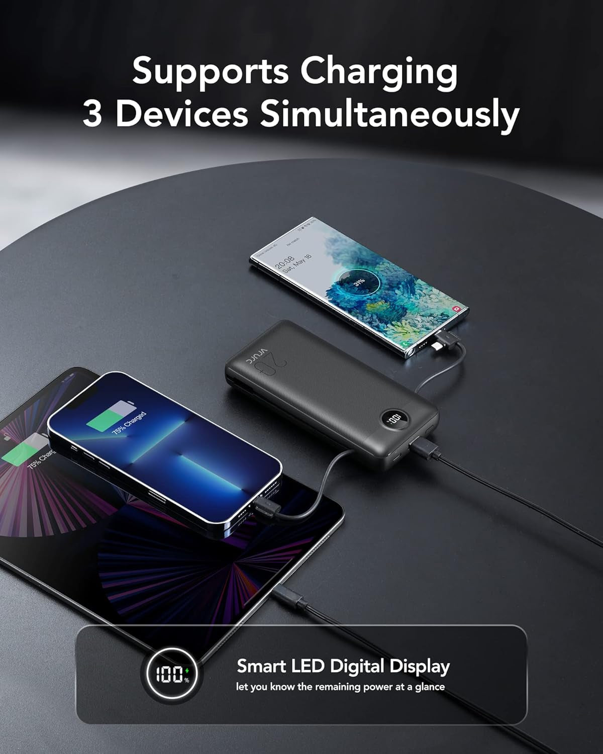 Portable Charger 20000Mah, Fast Charging Power Bank USB C,4 Output 2 Input Travel Essentials Charging Bank Equipped with LED Display,Built-In Wall Plug and Cables,Phone Charger Battery,Black