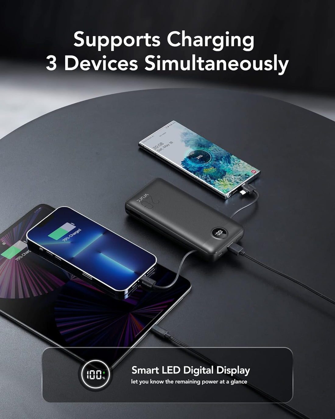 Portable Charger 20000Mah, Fast Charging Power Bank USB C,4 Output 2 Input Travel Essentials Charging Bank Equipped with LED Display,Built-In Wall Plug and Cables,Phone Charger Battery,Black