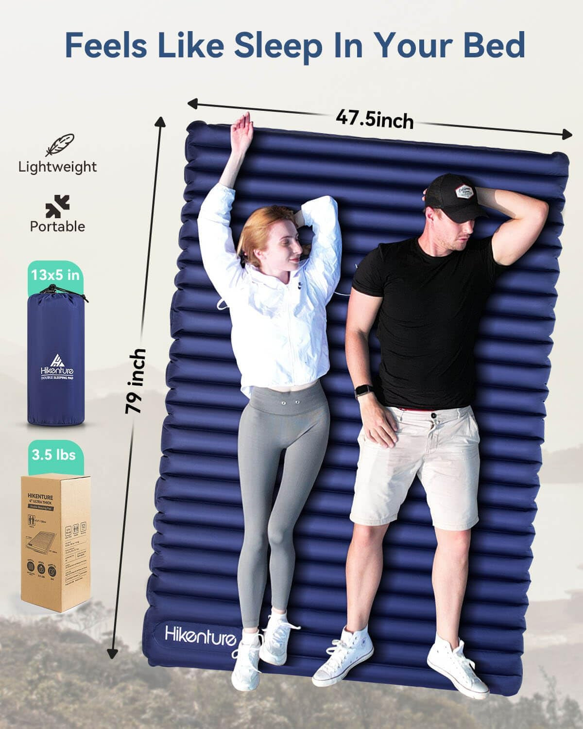Double Sleeping Pad for Camping, Ultralight 4" Extra-Thick Camping Mattress 2 Person, Inflatable Backpacking Sleeping Mat, Hiking Air Mattress for Tent (Navy Footpump 79X47.5In)
