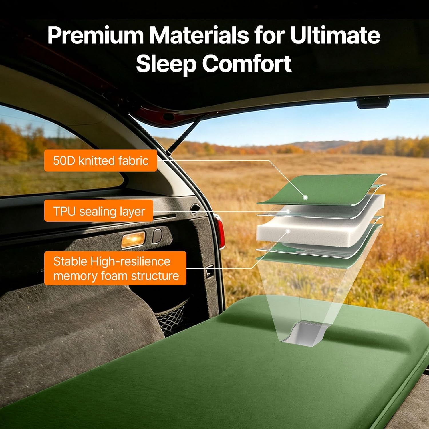Self-Inflating Sleeping Pad, 3" Memory Foam Camping Mattress | Built-In Foot Pump, Insulated Foam, Memory Foam, Car Camping, Tent Camping, Backpacking, Compact Storage, 4-Season