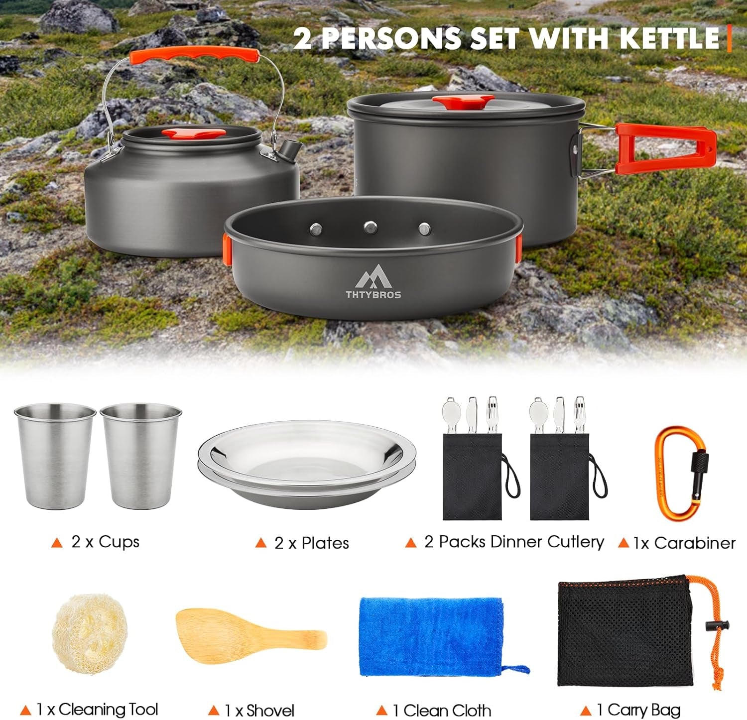 17Pcs Camping Cookware Mess Kit,For Camping,Backpacking,Picnic | 0.45Gal Pot,7Inches Pan,0.30Gal Kettle Set with 2 Set Stainless Steel Cups Plates Forks Knives Spoons,Pots, Pans & Griddles