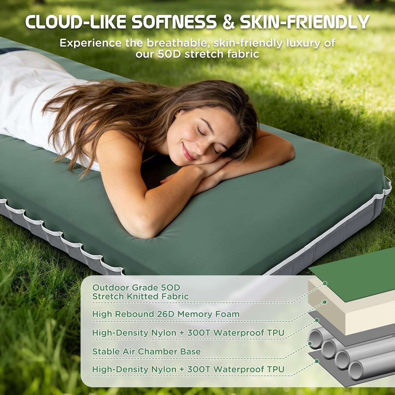 Air & Foam Camping Mattress with Air Pump 4" Single Army Green | Cumbrex™ Memory Foam Sleeping Pad, Ultra-Thick, R-Value 9.5, 4-Season Camp Mat, Compact for Travel Outdoor