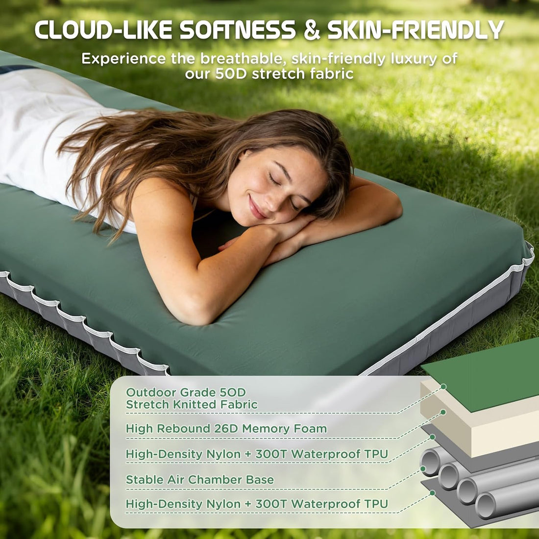 Air & Foam Camping Mattress with Air Pump 4" Single Army Green | Cumbrex™ Memory Foam Sleeping Pad, Ultra-Thick, R-Value 9.5, 4-Season Camp Mat, Compact for Travel Outdoor