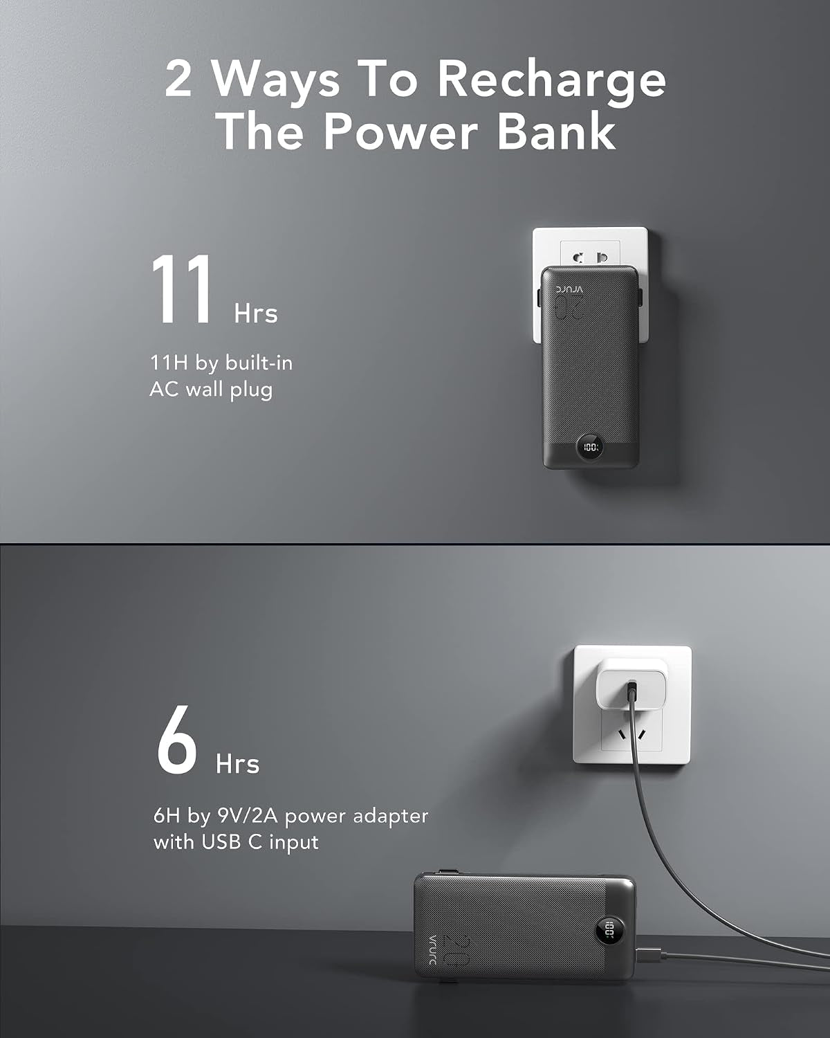 Portable Charger 20000Mah, Fast Charging Power Bank USB C,4 Output 2 Input Travel Essentials Charging Bank Equipped with LED Display,Built-In Wall Plug and Cables,Phone Charger Battery,Black