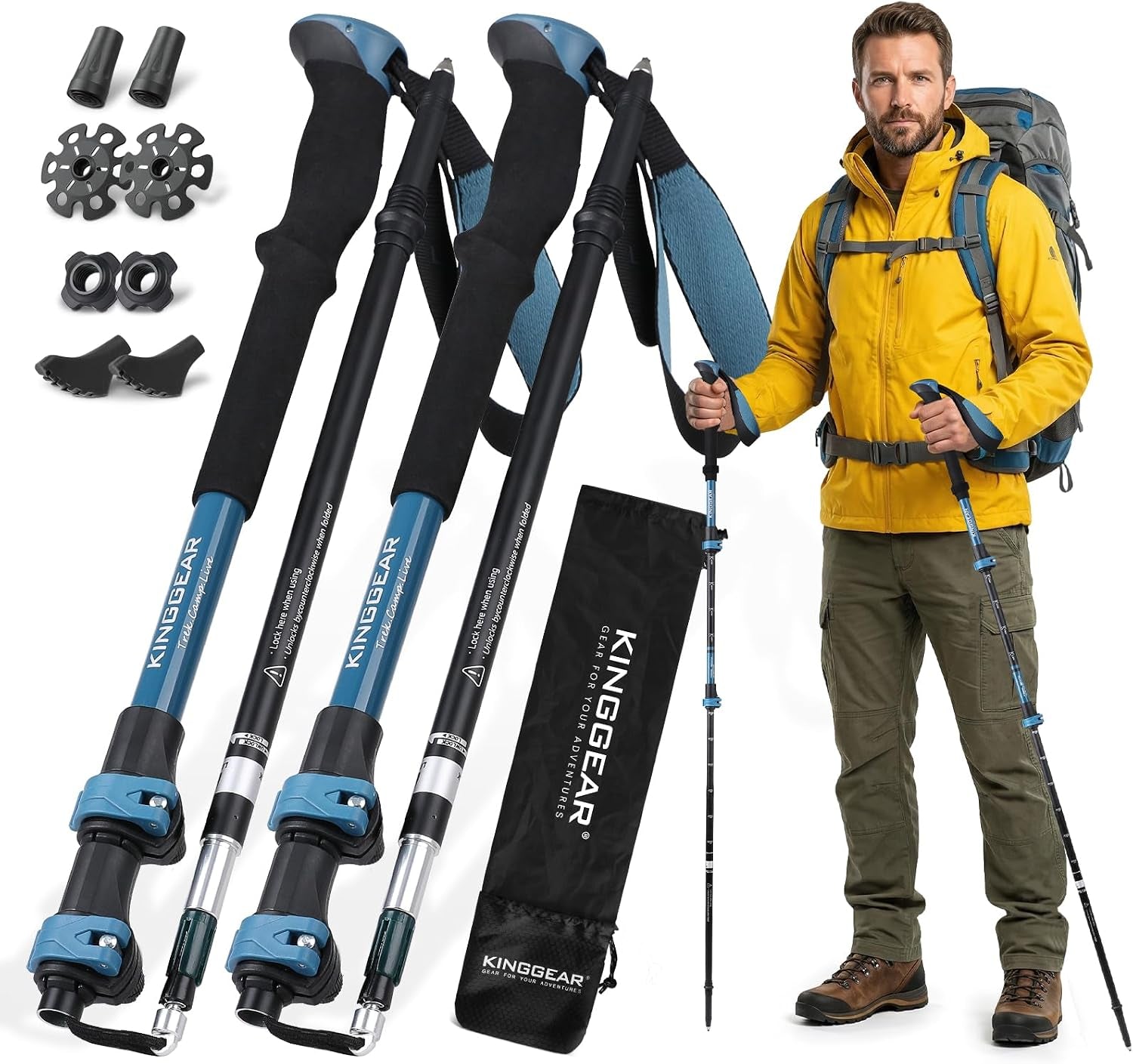Hiking Poles 9.7Oz 7075 Aluminum Adjustable 2-Pack | Folds 17.3", Adj 31-51", EVA Grip, Flip Lock, Decompression Strap, Lightweight, for Hiking Travel Men Women