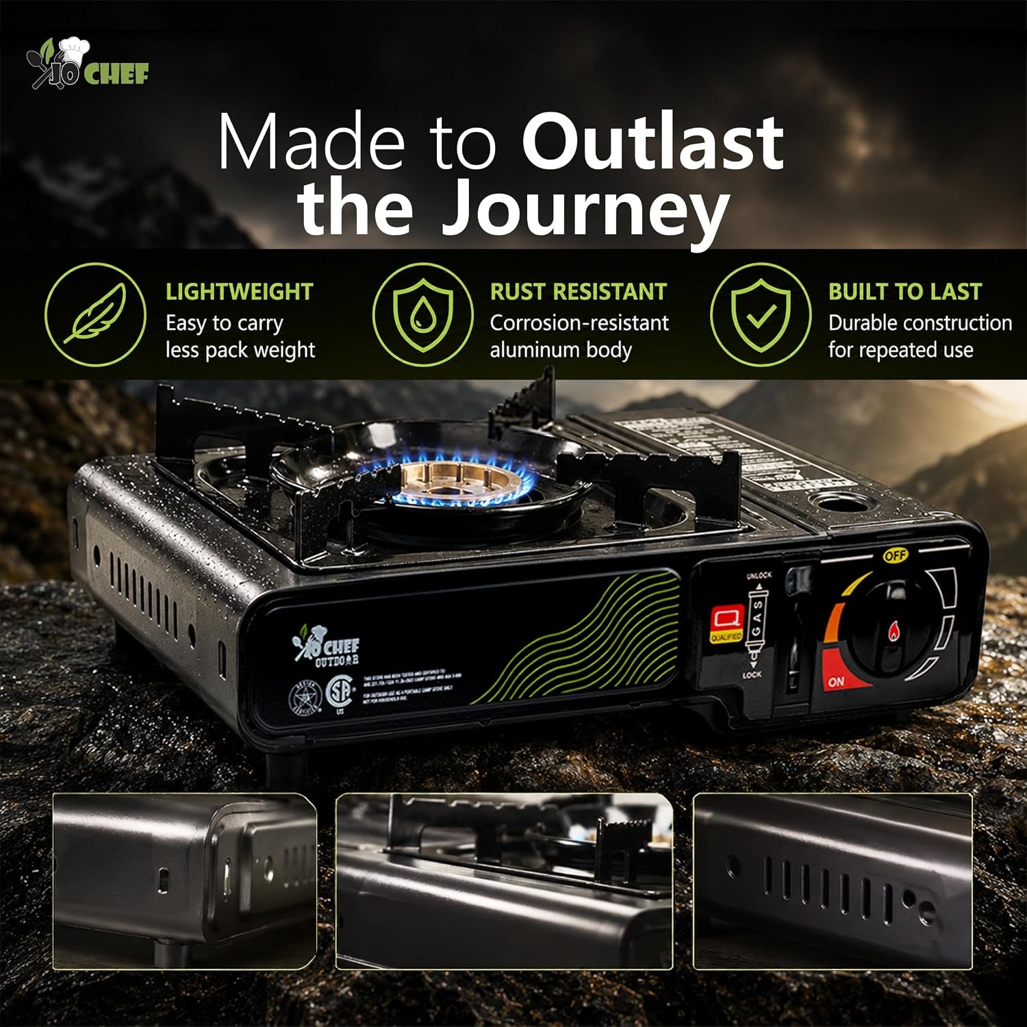 Jochef Portable Butane Camping Stove – 3-Year Warranty, Windshield & Case | Powerful Brass Burner | CSA Certified | Auto Ignition | Single Burner | Camping, Tailgating, Road Trips & Emergencies