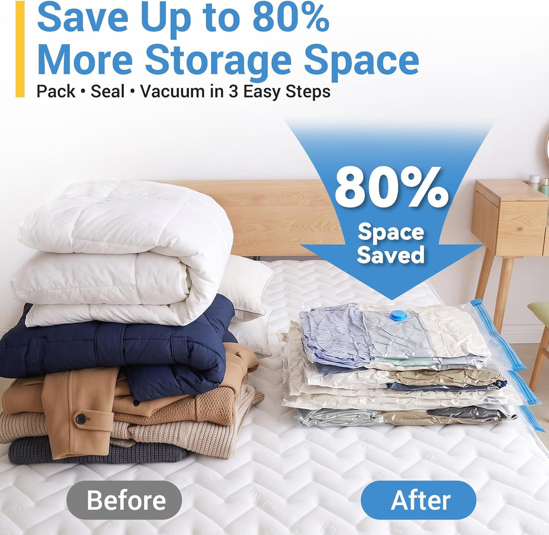 80% Space Saver Vacuum Storage Bags with Hand Pump, 20 Combo | Plastic Packaging Bags, Vacuum Seal Bags for Clothing, Travel Lugggage, Blankets, Comforters