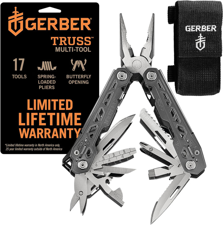 Gear Truss 17-In-1 EDC Needle Nose Pliers Multi Tool - Includes Pocket Knife, Screwdriver, and Bottle Opener Accessories - Gifts for Men, Fishing and Camping Gear - Gray with Standard Sheath