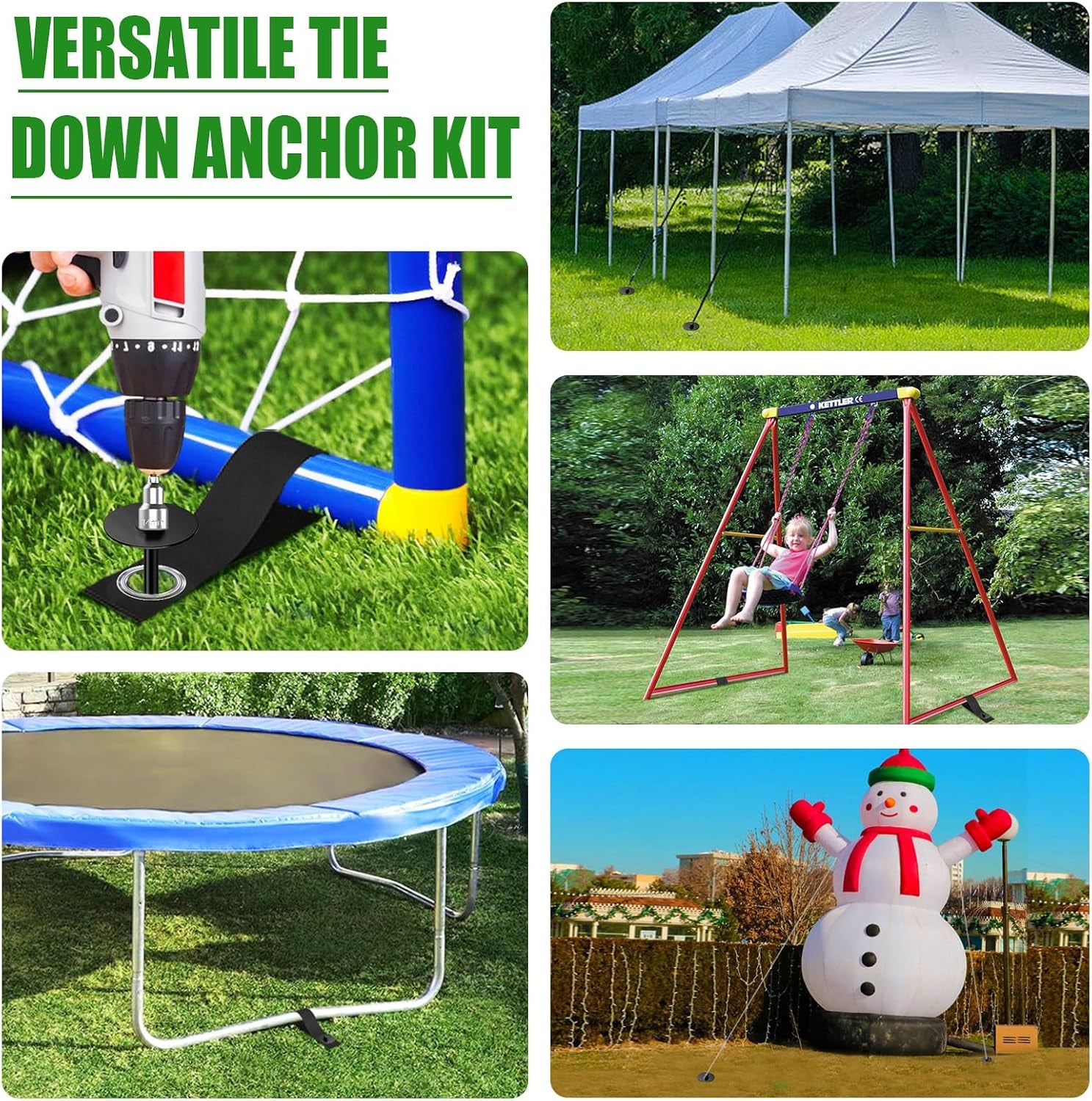 USA 4 Pack Universal Ground Anchors High Wind, Heavy Duty Screw-In Trampoline Stakes with 4 Straps, Upgraded Commercial Anchor Kit for Outdoor Sheds, Swing Sets & Mobile Homes (Black)