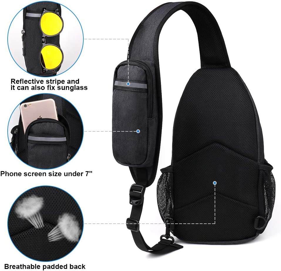 Crossbody Sling Backpack Sling Bag Travel Hiking Chest Bag Daypack (Black) | Small Hiking Bag,Multi-Compartment Storage,Water-Resistant,Breathable Back Pad,Reversible Adjustable Shoulder Strap
