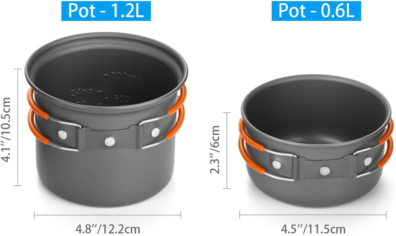 Camping Cookware Mess Kit, Lightweight Pot Stove Spork Set | Protable 6Pcs Backpacking Gear with Carry Mesh Bag for Outdoor Camping Cooking Hiking and Picnic