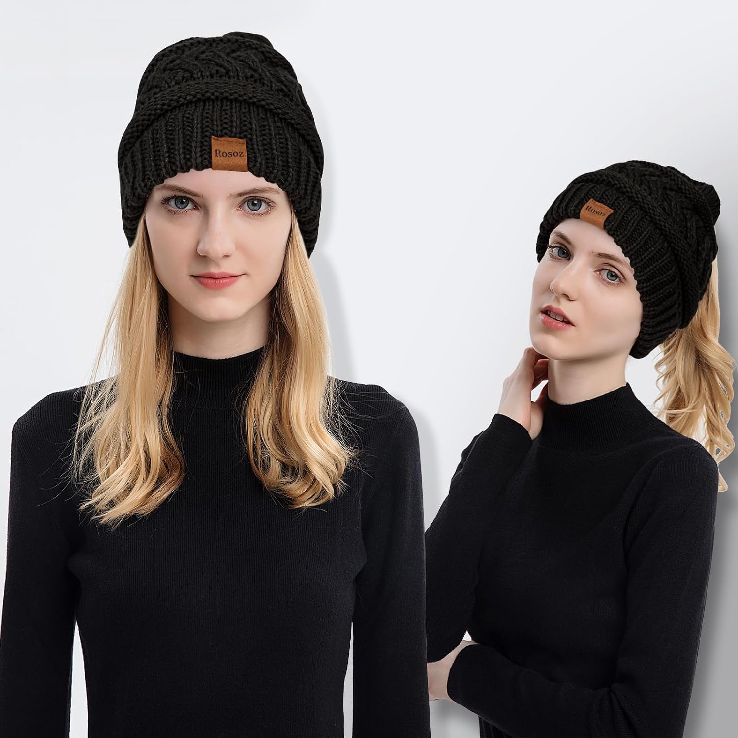 1&2 Packs Ponytail Beanie for Women,Winter Warm Beanie Tail Soft Stretch Cable Knit Messy High Bun Hat