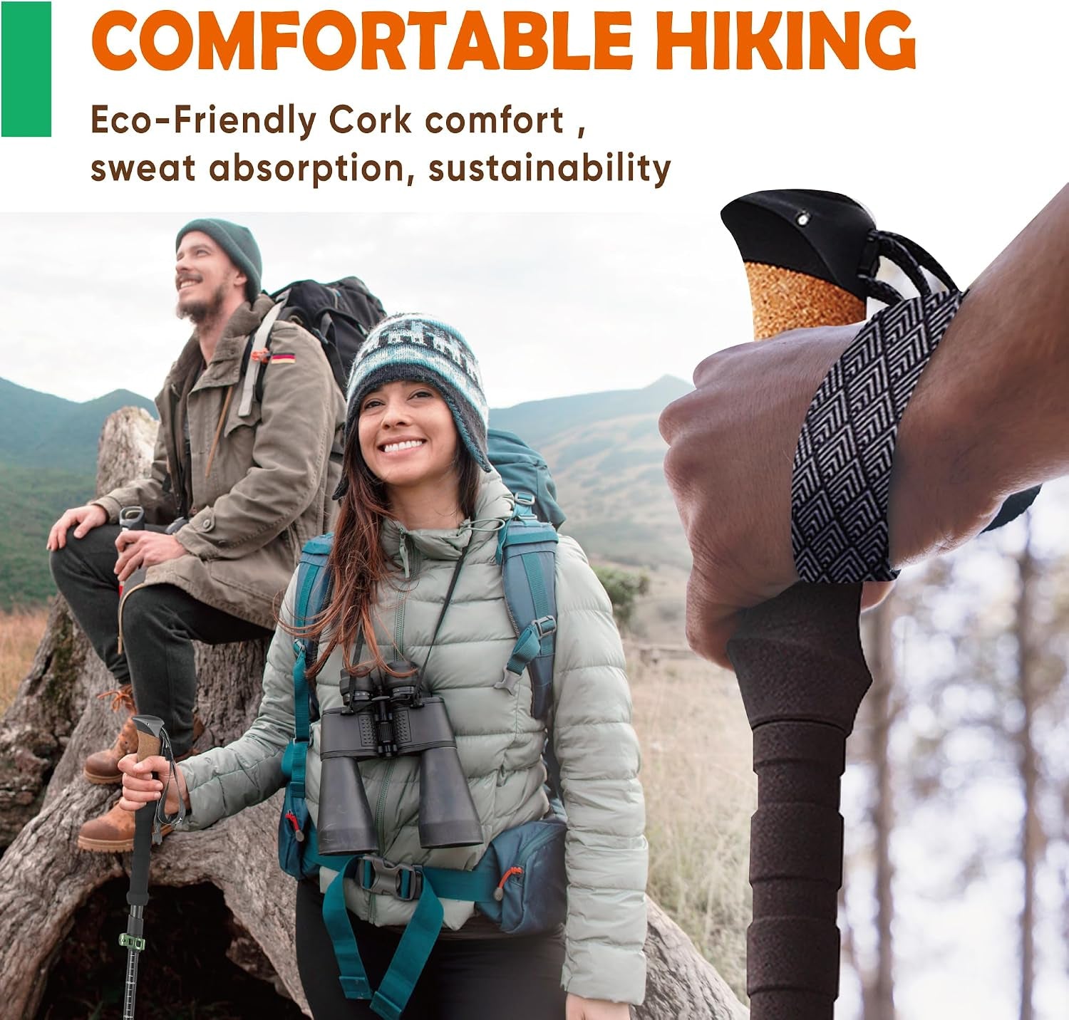 Trek-Z Cork Grip Collapsible Lightweight Hiking Trekking Poles | Adjustable Folding Aluminum Walking Stick for Men, Women and Seniors; Foldable, Retractable Staff for Travel and Balance