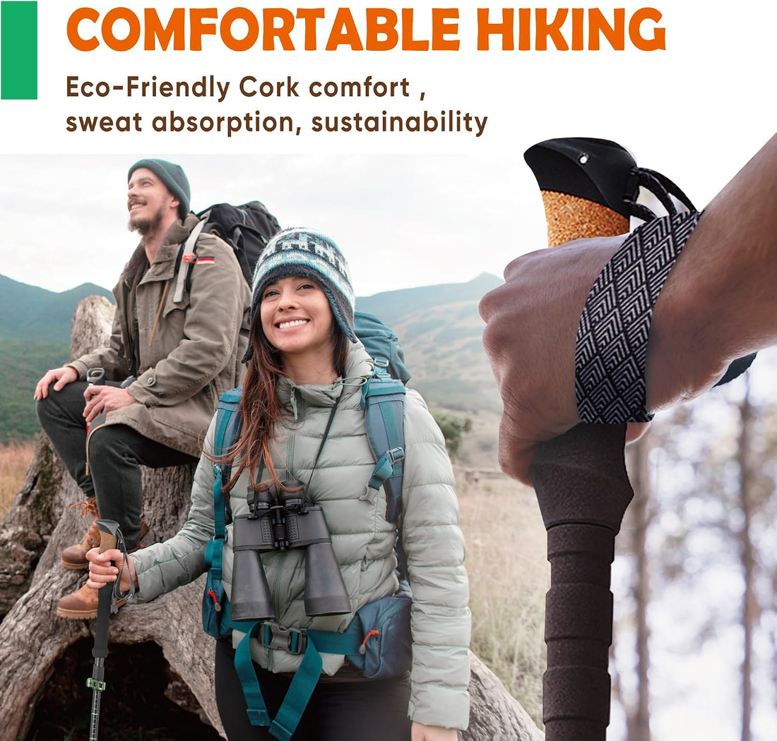 Trek-Z Cork Grip Collapsible Lightweight Hiking Trekking Poles | Adjustable Folding Aluminum Walking Stick for Men, Women and Seniors; Foldable, Retractable Staff for Travel and Balance