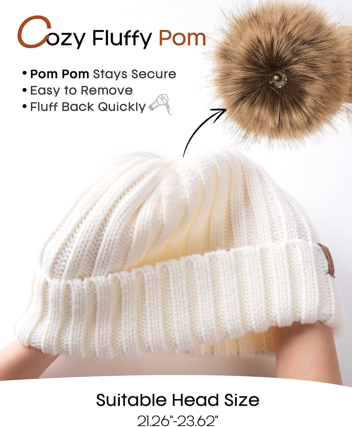 Womens Winter Knitted Beanie Hat with Faux Fur Pom Warm Knit Skull Cap Beanie for Women